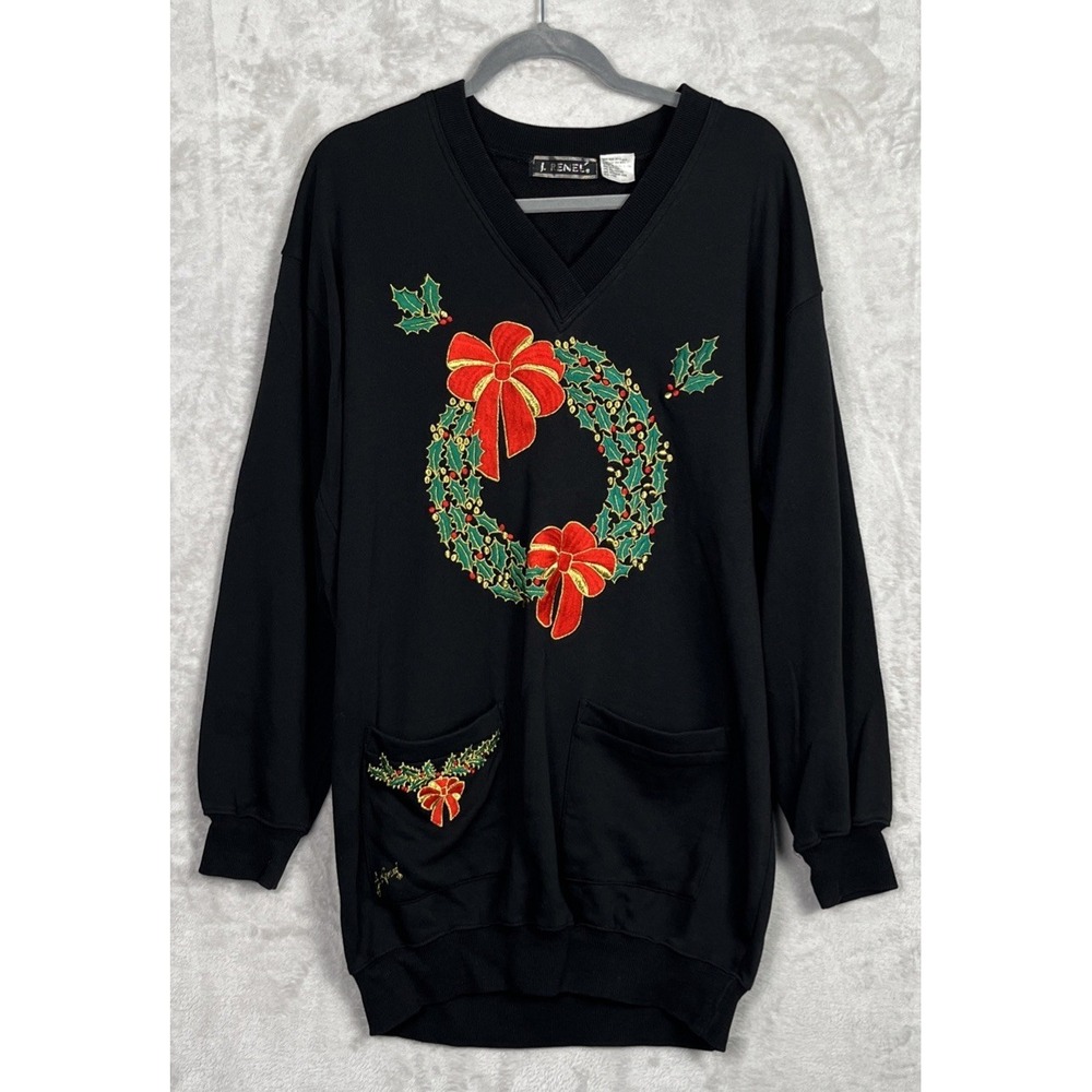 Vintage Women's Christmas Sweater L XL Wreath 80s 90s Black Tunic J Renee Granny